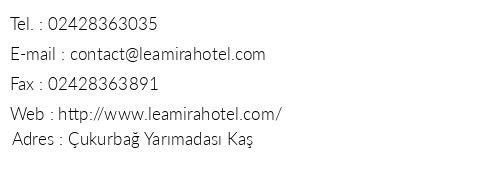 Leamira Hotel telefon numaralar, faks, e-mail, posta adresi ve iletiim bilgileri